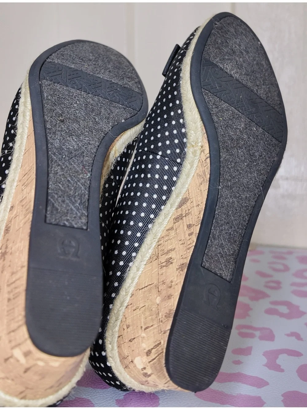 Polka Dot Peep-Toe Wedge Espadrilles with Bow size US 6.5 by Etienne Aigner